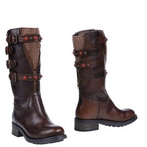 Brown Combat Moto Boots with Knee-High Design and Straps